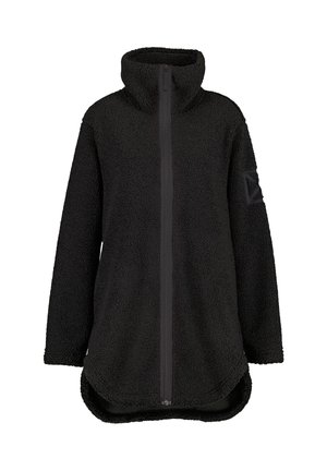 Sort fleecejakke med høj krave, fuld frontlynlåse, lange ærmer og en tekstureret overflade. Har et logo-patch på ærmet.