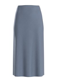 Grijze midirok met een gladde textuur en subtiele glans. Voorzien van een getand elastiek aan de taille en een rechte silhouet. Geen zichtbare patronen.