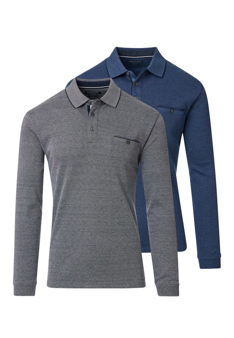 Zwei Langarm-Polohemden: eines in Grau mit Kragen und Taschendetails, das andere in Marineblau mit strukturiertem Finish.