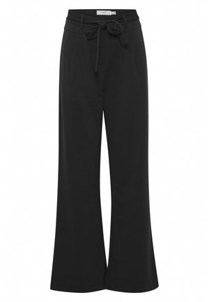Pantaloni neri a gamba larga realizzati in tessuto morbido, con vita regolabile, due tasche laterali e una texture liscia.