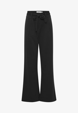 Schwarze, weit geschnittene Hose aus weichem Stoff, mit einem Bindegürtel, zwei Seitentaschen und einer glatten Textur.