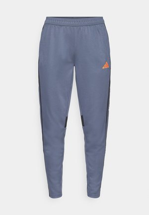 Gray athletic pants with an elastic waistband, black side stripes, and an orange logo on the left thigh. Smooth fabric texture.