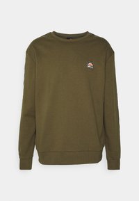 Felpa verde oliva con maniche lunghe, colletto rotondo e polsini a costine. Presenta una piccola patch con logo sul petto e dettagli sulle spalle.