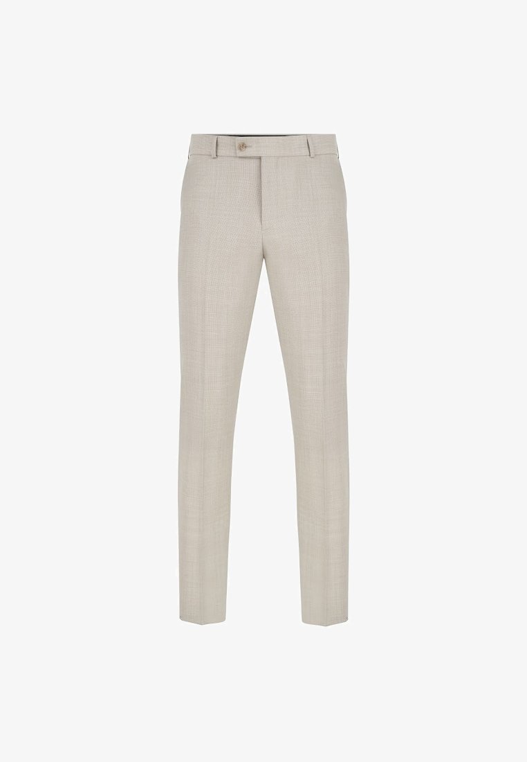 Jasno beżowe, dopasowane spodnie wykonane z teksturowanej tkaniny, z płaskim przodem, pojedynczym zapięciem na guzik oraz smukłym krojem nogawki.