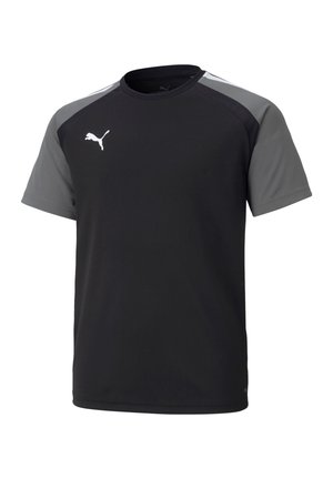 Schwarzes Sport-T-Shirt mit kurzen Ärmeln und grauen Akzenten an den Schultern, aus atmungsaktivem Stoff gefertigt, mit einem kleinen weißen Logo auf der Brust.