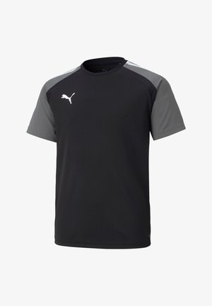 Schwarzes Sport-T-Shirt mit kurzen Ärmeln und grauen Akzenten an den Schultern, aus atmungsaktivem Stoff gefertigt, mit einem kleinen weißen Logo auf der Brust.