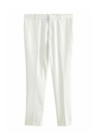 Pantalons blancs ajustés avec une texture lisse, présentant un devant plat, deux poches avant et un design de jambe droite.