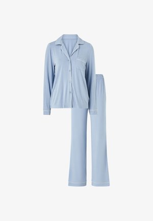 Lichtblauw lang mouw pyjamashirt met knopen, kraag en borstzak, gecombineerd met bijpassende losse pyjamabroek.