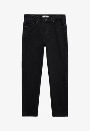 Black denim jeans with a straight-leg design, featuring five pockets, a zip fly, and a slightly faded texture. Durable cotton material.