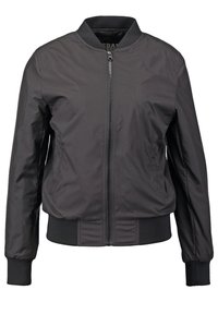 Veste bomber noire avec fermeture éclair à l'avant, poignets côtelés, col et taille, en tissu lisse légèrement brillant.