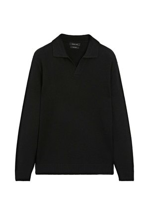 Zwarte gebreide pullover met een platte kraag en V-halslijn. Heeft lange mouwen en ribgebreide manchetten en onderkant. Gelaagd stof met een glad uiterlijk.