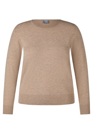 Beige Langarmpullover mit rundem Halsausschnitt, gerippten Bündchen und Saum, aus weichem Material gefertigt und mit einer leicht strukturierten Oberfläche.