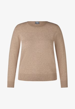 Beige Langarmpullover mit rundem Halsausschnitt, gerippten Bündchen und Saum, aus weichem Material gefertigt und mit einer leicht strukturierten Oberfläche.