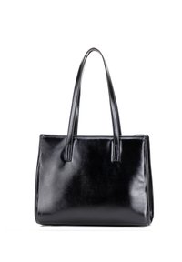 Schwarze Leder-Shoppertasche mit schlanker rechteckiger Form, glattem Material und zwei langen Griffen, zeichnet sich durch ein minimalistisches Design ohne sichtbare Beschläge aus.
