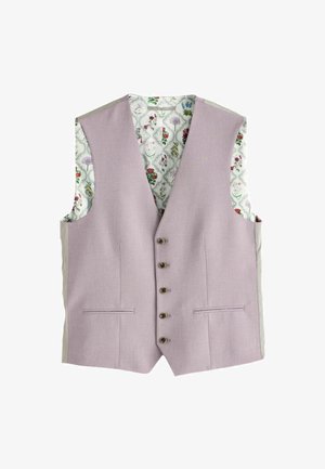 Svetlofialová vesta s klopovým golierom, piatimi gombíkmi, dvoma prednými vreckami a podšívkou s kvetinovým vzorom. Hladká tkanina s štruktúrovaným strihom.