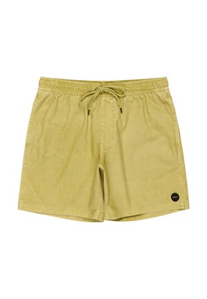 Pantaloncini a vita elastica verde chiaro con coulisse e piccolo logo circolare nero sulla parte inferiore destra dell'orlo.