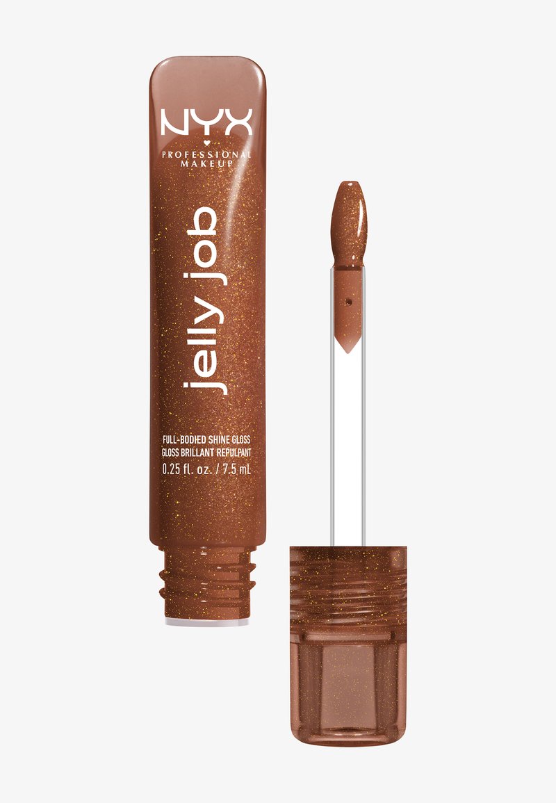 Tube de gloss à lèvres NYX Jelly Job brun à éclat intense et corps plein, avec applicateur à baguette montrant une texture scintillante, 7,5 mL.