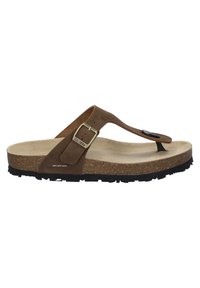 Ruske nubuk flip-flop sandale s plutenom potplatom, s metalnom kopčom, mekog uloška i teksturiranim crnim gumenim potplatom.