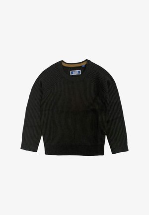 Maglione nero a coste con collo a giro e maniche raglan. Presenta un tessuto testurizzato e un accento marrone a contrasto sul colletto.