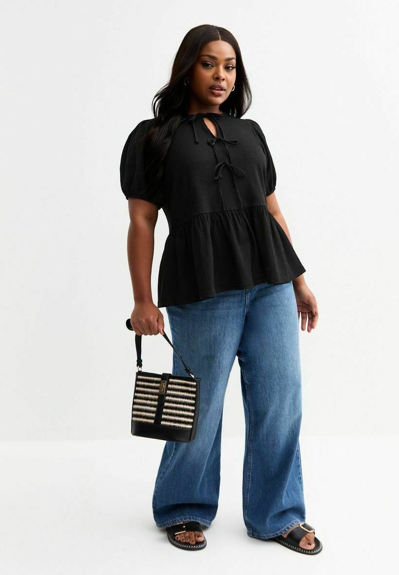 Top New Look Noir Et Beige Rayé Col V Peplum Wrap - Taille 10 UK, Occasion Bon état