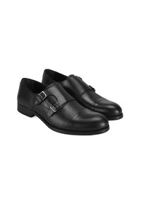 Zwarte leren schoenen met dubbele gespen, ronde neus, gladde textuur, lage hak en een strakte ontwerp. Kenmerkt zich door minimalistische details.