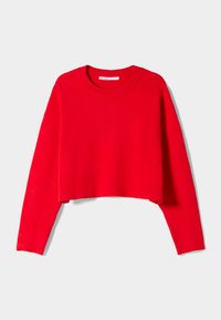 Roter, kurz geschnittener Pullover mit Rundhalsausschnitt, langen Ärmeln, gerippten Bündchen und Saum. Hergestellt aus einem gestrickten Material mit glatter Textur.