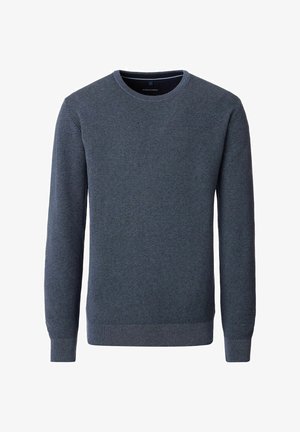 Marineblauer langärmeliger Rundhalsausschnitt-Pullover mit einem strukturierten Strickmuster sowie gerippten Bündchen und Saum.