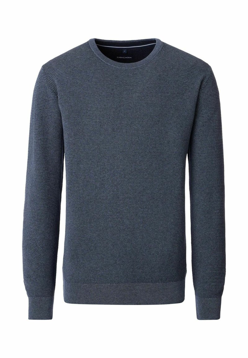 Maglione a maniche lunghe blu navy con scollo rotondo, caratterizzato da un motivo a maglia texturizzato e polsini e orlo a coste.