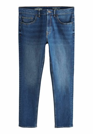 Schmal geschnittene blaue Denim-Jeans mit einem leichten Verblassen. Verfügt über fünf Taschen, einen Knopfverschluss und einen genähten Saum. Glatte Textur.