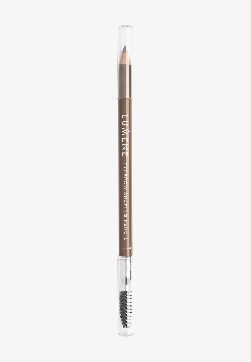 Crayon brun pour dessiner les sourcils avec des embouts transparents, doté d'une mine de crayon à une extrémité et d'une brossette goupillon à l'autre.
