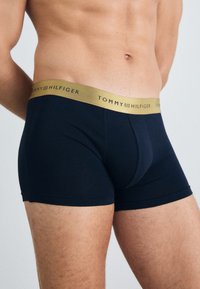 Marineblå boxer briefs med en guld elastic talje, der har "TOMMY HILFIGER" logoet, glat tekstur og tætsiddende design.