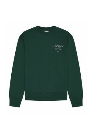Donkergroene crewneck-trui met wit 'ellesse ITALIA' logo op de linkerborst, geribbelde manchetten en zoom.