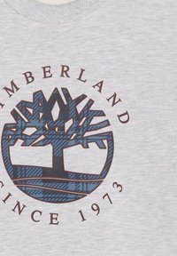 Felpa grigia con un logo rotondo caratterizzato da un albero stilizzato in plaid blu, e la scritta "TIMBERLAND SINCE 1973" in bordeaux attorno al logo.