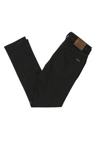 Black denim pants with a straight leg, featuring a brown leather patch at the waist and a single back pocket with a small logo.