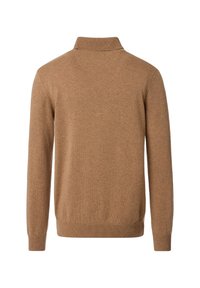 Brauner Strickpullover mit Kragen, langen Ärmeln sowie gerippten Bündchen und Saum. Weicher Stoff, schlichtes Design ohne Muster oder Akzente.