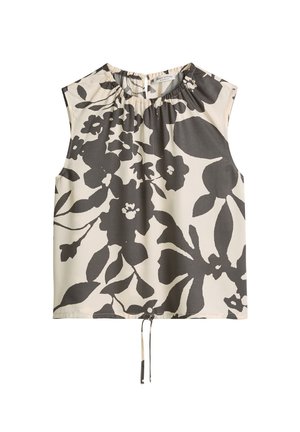 Sleeveless white blouse with black abstract floral print, gathered neckline, and drawstring tie at the hem.