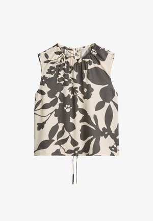 Sleeveless white blouse with black abstract floral print, gathered neckline, and drawstring tie at the hem.