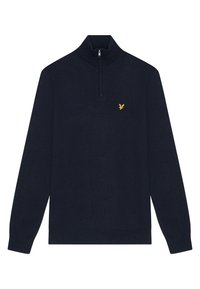Navy zip-neck sweater made of soft fabric. Features long sleeves and a small yellow embroidered logo on the chest. Simple and classic design.