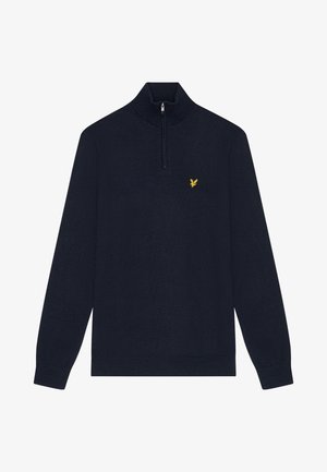 Maglione con zip a collo alto di colore navy, realizzato in un tessuto morbido. Presenta maniche lunghe e un piccolo logo giallo ricamato sul petto. Design semplice e classico.
