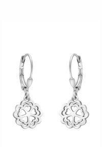 Silverörhängen med hoop-design som pryds av blommönster med ihåliga hjärtan, lätt metall och polerad yta.