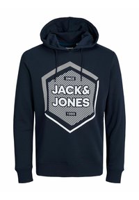 Navy hoodie with a front graphic feature, hexagonal design, white text stating "JACK & JONES" and "SINCE 1990," drawstring hood, ribbed cuffs.