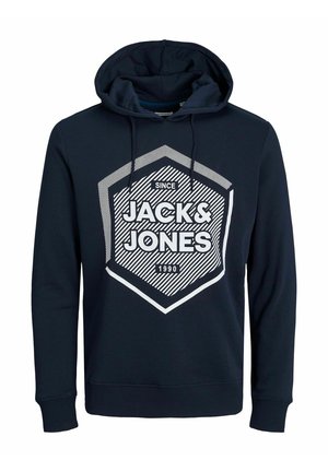 Marineblauer Kapuzenpullover mit einem grafischen Frontmotiv, sechseckigem Design, weißem Text mit "JACK & JONES" und "SINCE 1990", Kordelzugkapuze und gerippten Bündchen.