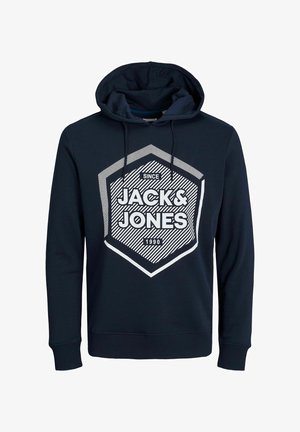 Navy hoodie with a front graphic feature, hexagonal design, white text stating "JACK & JONES" and "SINCE 1990," drawstring hood, ribbed cuffs.