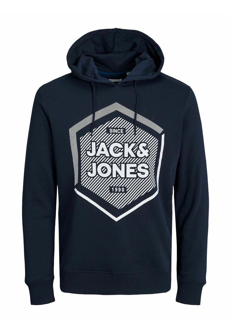 Navy hoodie with a front graphic feature, hexagonal design, white text stating "JACK & JONES" and "SINCE 1990," drawstring hood, ribbed cuffs.