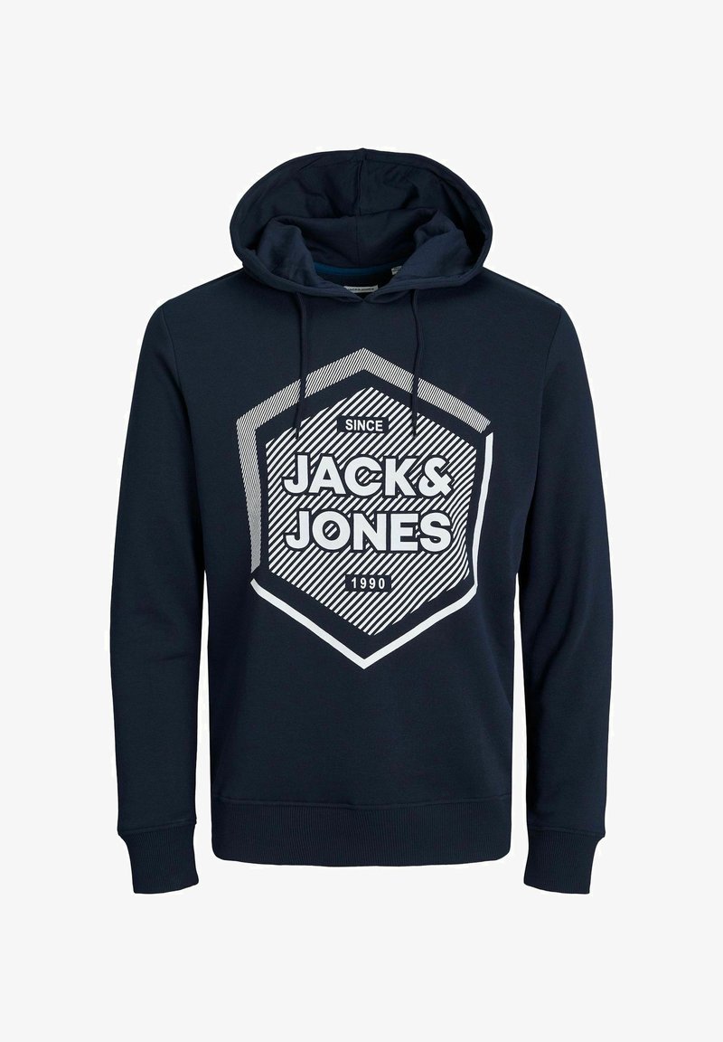 Marineblauer Kapuzenpullover mit einem grafischen Frontmotiv, sechseckigem Design, weißem Text mit "JACK & JONES" und "SINCE 1990", Kordelzugkapuze und gerippten Bündchen.