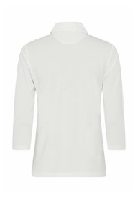 Weißes Langarm-Polohemd mit umgeschlagenem Kragen, aus glattem Stoff gefertigt, mit geradem Saum und ohne sichtbare Marken oder Muster.