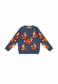 Blauer Strickpullover mit verschiedenen orangefarbenen Fuchsdesigns, weißen Akzenten sowie gerippten Bündchen und Saum. Im Crew-Neck-Stil.