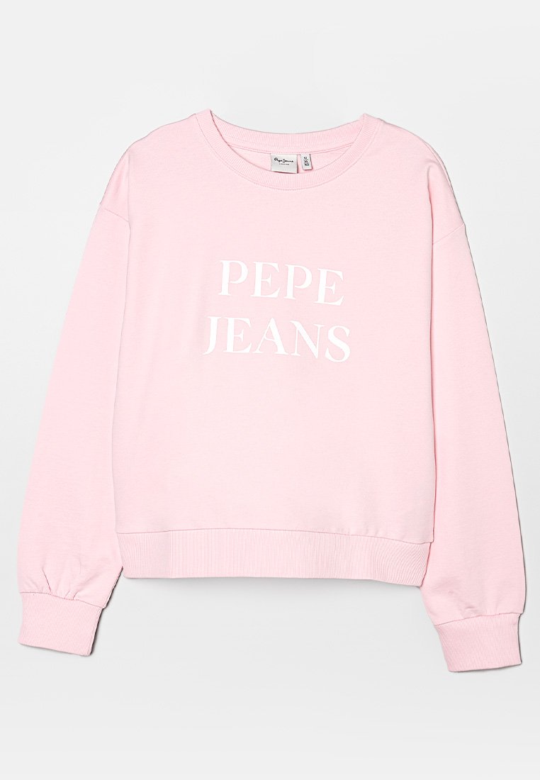 Sudadera de cuello redondo en rosa claro, hecha de algodón, con el texto blanco "PEPE JEANS" en la parte frontal y puños y dobladillo acanalados. Textura suave.