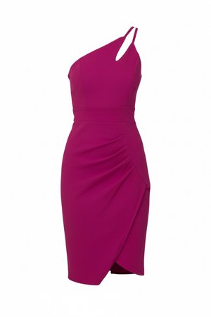 Φούξια εφαρμοστό φόρεμα με έναν ώμο, με ραφή στη μέση, ραβδώσεις στο πλάι και ασύμμετρο τελείωμα.