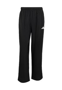 Schwarze Sporthose mit lockerer Passform, elastischem Bund und dezentem weißen Drei-Streifen-Logo auf der unteren linken Seite. Hergestellt aus leichtem Stoff.